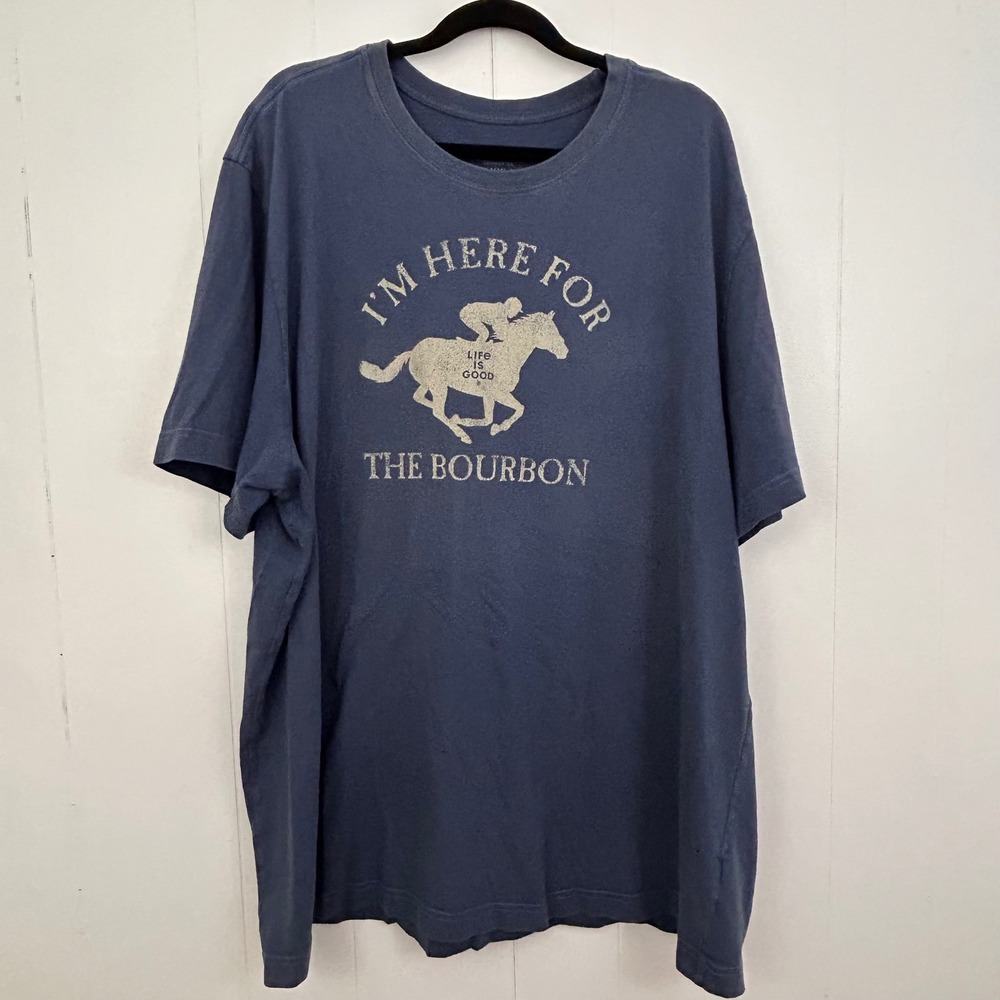 Life is Good Mens Blue Im Here For The Bourbon Horse Racing Graphic T-Shirt L